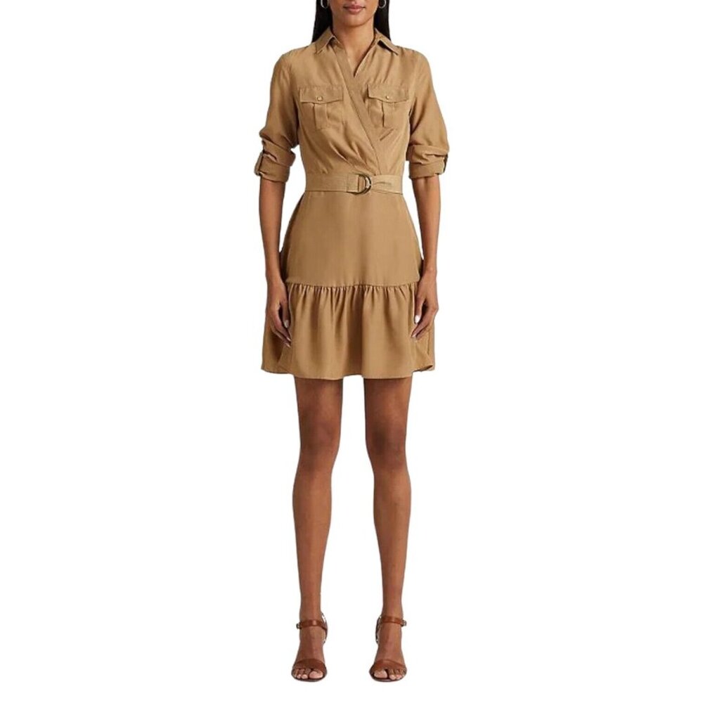 Lauren Ralph Lauren Shirt Dress Size 6 Ruffle Hem Roll Tab Sleeves Camel Brown